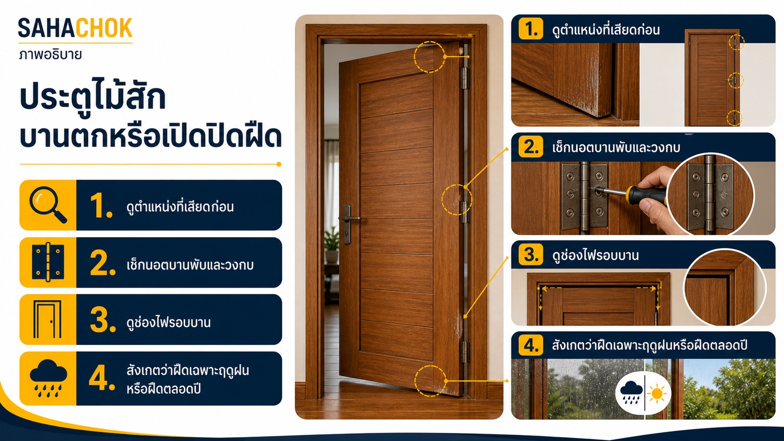 กราฟิกอธิบายประกอบบทความ ประตูไม้สักบานตกหรือเปิดปิดฝืด เกิดจากอะไรและแก้อย่างไร