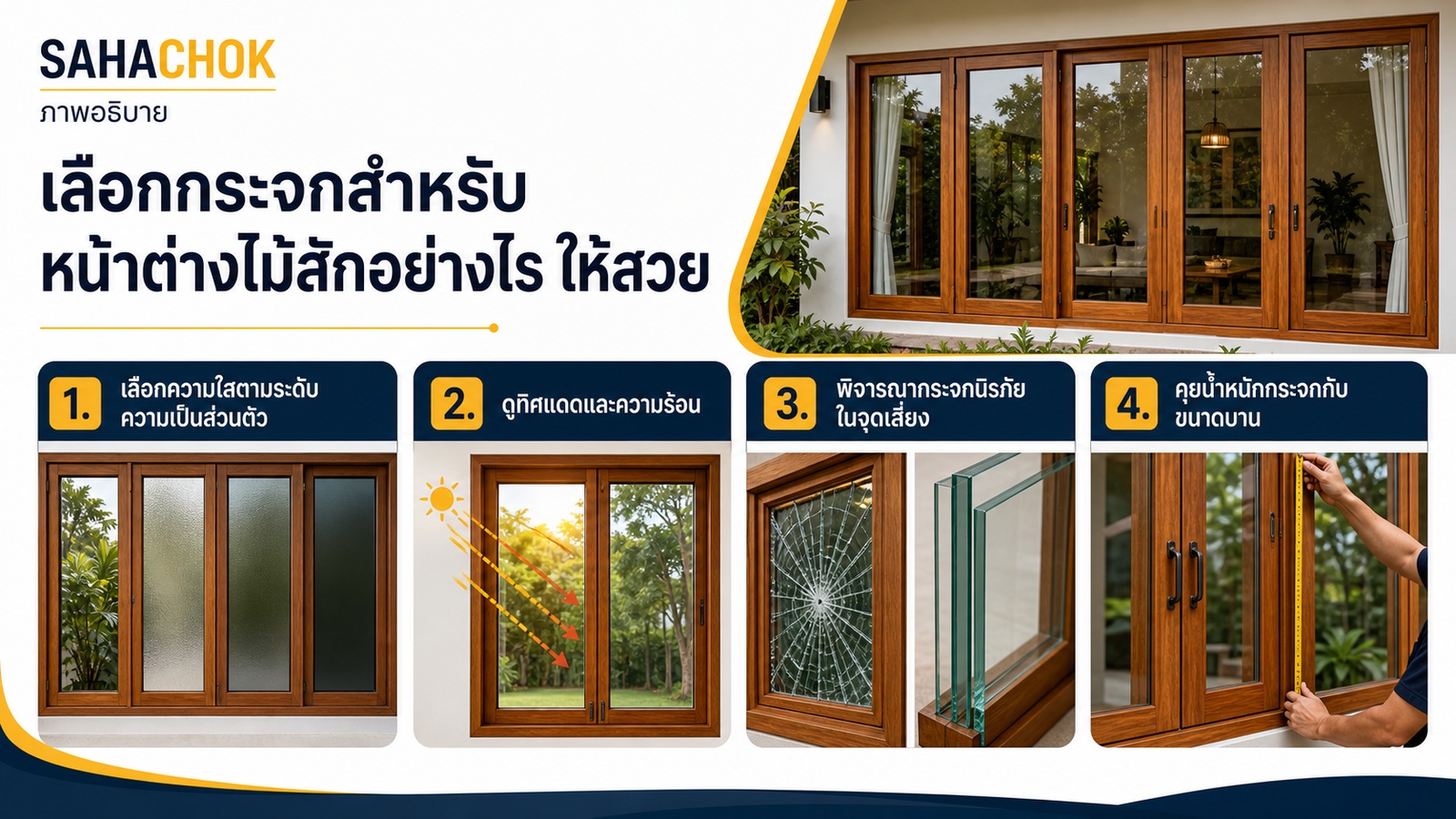 กราฟิกอธิบายประกอบบทความ เลือกกระจกสำหรับหน้าต่างไม้สักอย่างไร ให้สวย ปลอดภัย และใช้งานดี
