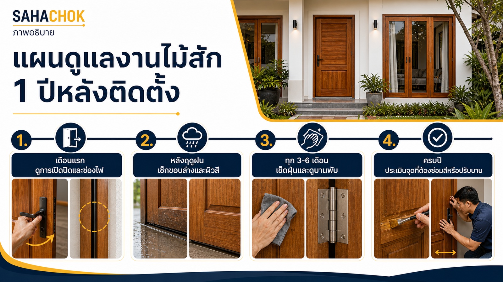 กราฟิกอธิบายประกอบบทความ แผนดูแลงานไม้สัก 1 ปีหลังติดตั้ง เช็กอะไรเมื่อไรบ้าง
