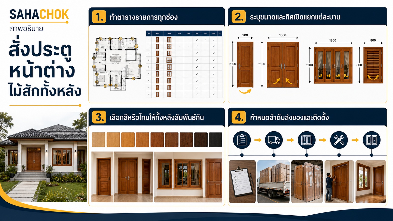 กราฟิกอธิบายประกอบบทความ สั่งประตูหน้าต่างไม้สักทั้งหลัง ควรถามอะไรให้ครบก่อนเริ่มผลิต