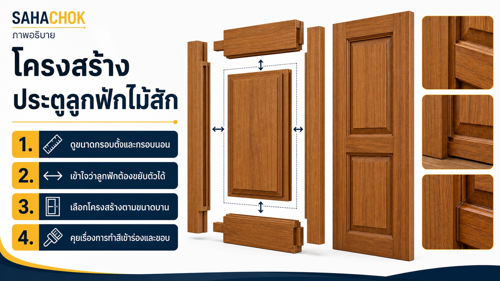 กราฟิกอธิบายประกอบบทความ โครงสร้างประตูลูกฟักไม้สัก รอยต่อและเสี้ยนไม้สำคัญอย่างไร
