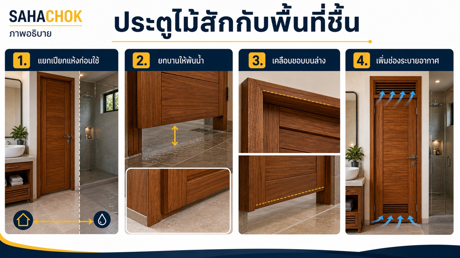 กราฟิกอธิบายประกอบบทความ ใช้ประตูไม้สักกับห้องน้ำหรือพื้นที่ชื้นได้ไหม ต้องระวังอะไร