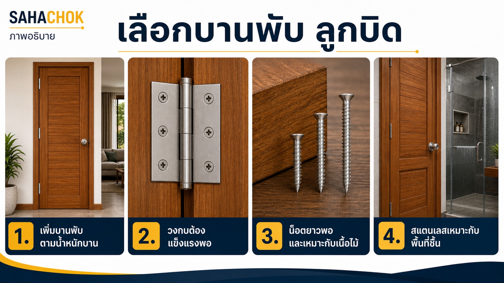 กราฟิกอธิบายประกอบบทความ เลือกบานพับ ลูกบิด และอุปกรณ์ให้เหมาะกับประตูไม้สัก