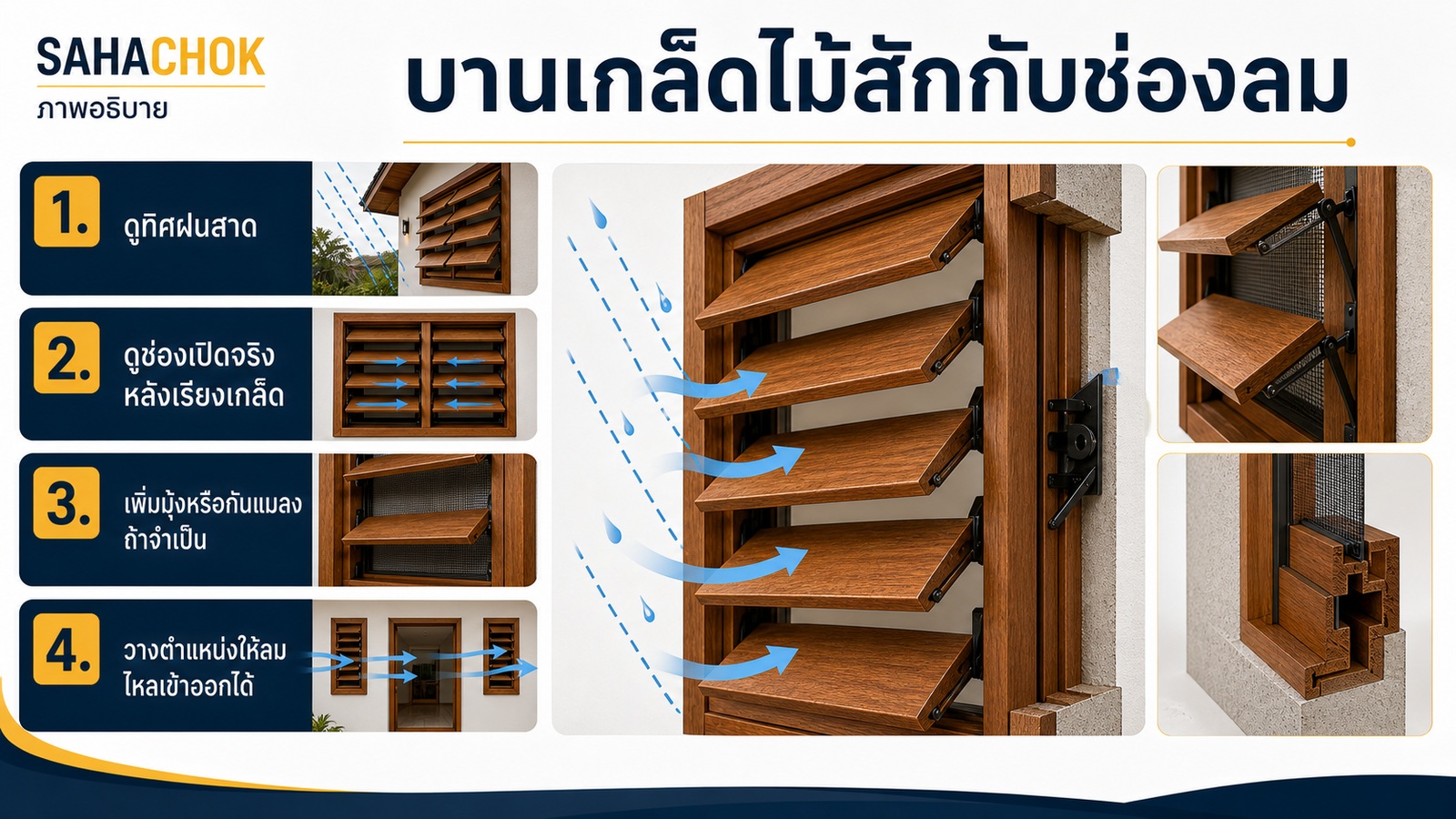 กราฟิกอธิบายประกอบบทความ บานเกล็ดไม้สักกับช่องลม เลือกแบบไหนให้บ้านโปร่งแต่ยังกันฝนได้