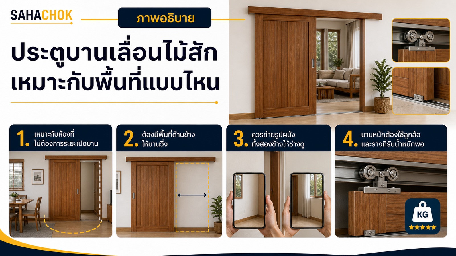 กราฟิกอธิบายประกอบบทความ ประตูบานเลื่อนไม้สักเหมาะกับพื้นที่แบบไหน