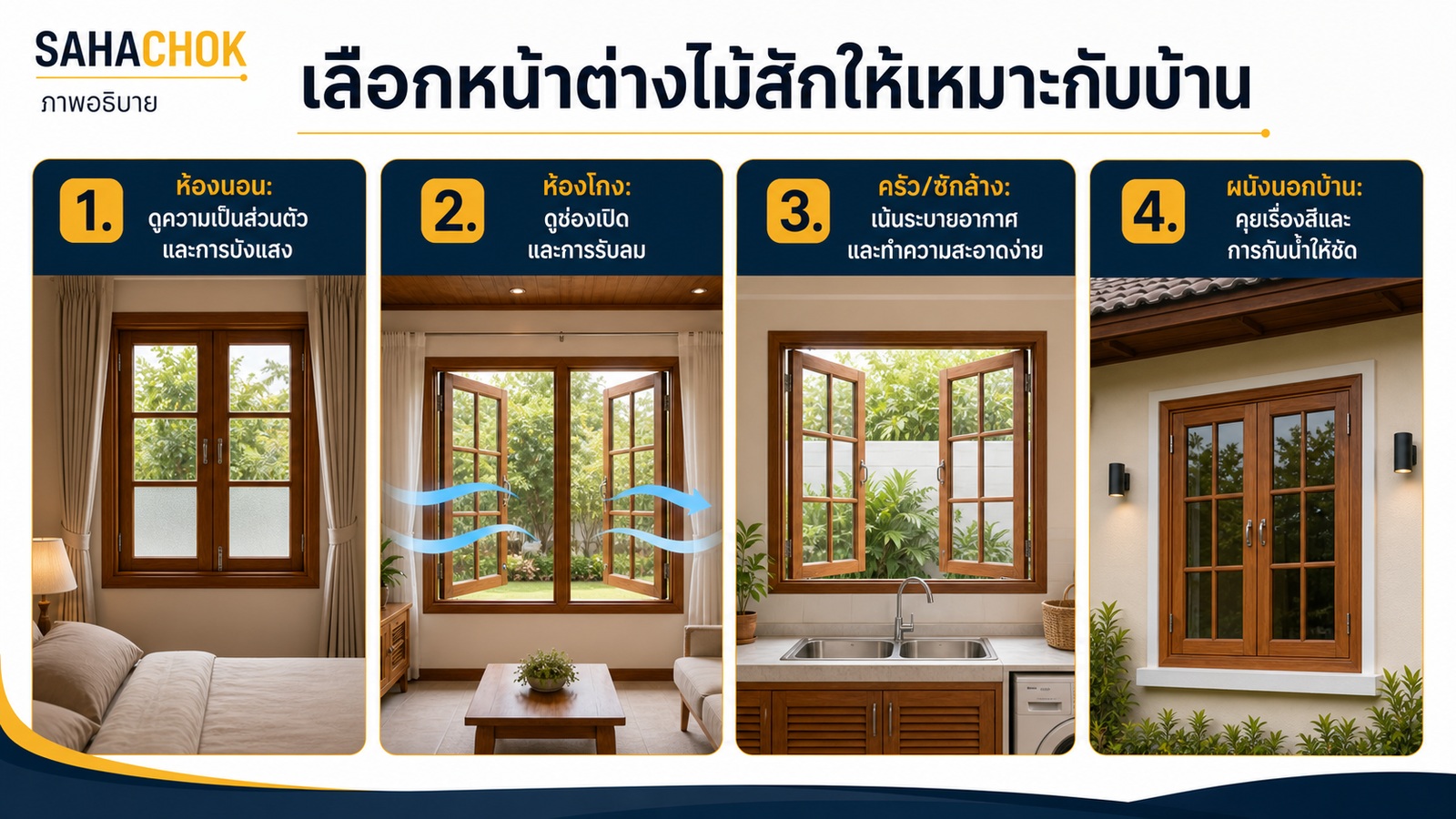 กราฟิกอธิบายประกอบบทความ เลือกหน้าต่างไม้สักให้เหมาะกับบ้าน