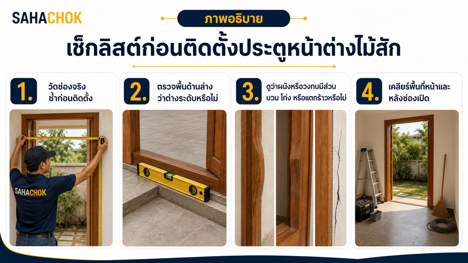 กราฟิกอธิบายประกอบบทความ เช็กลิสต์ก่อนติดตั้งประตูหน้าต่างไม้สัก