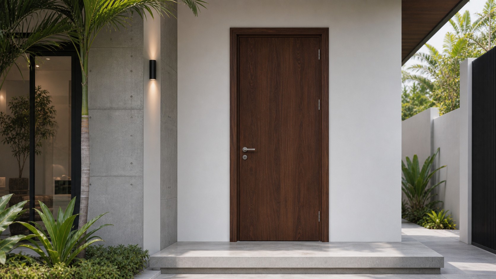 ประตูไม้สักสี วอลนัท Walnut ในบ้านโทน เทาอ่อน