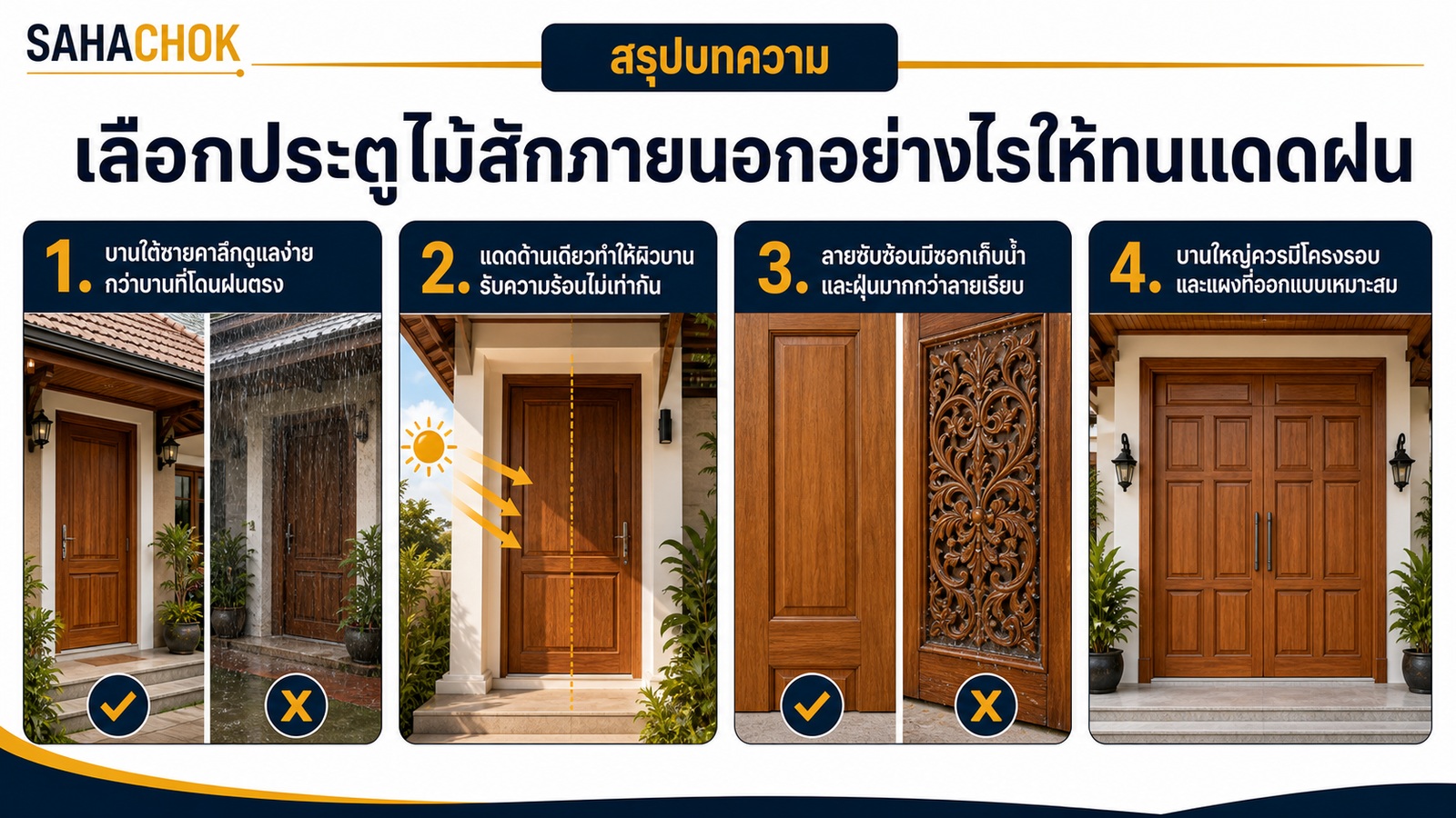 อินโฟกราฟิกสรุปบทความ เลือกประตูไม้สักภายนอกอย่างไรให้ทนแดดฝน