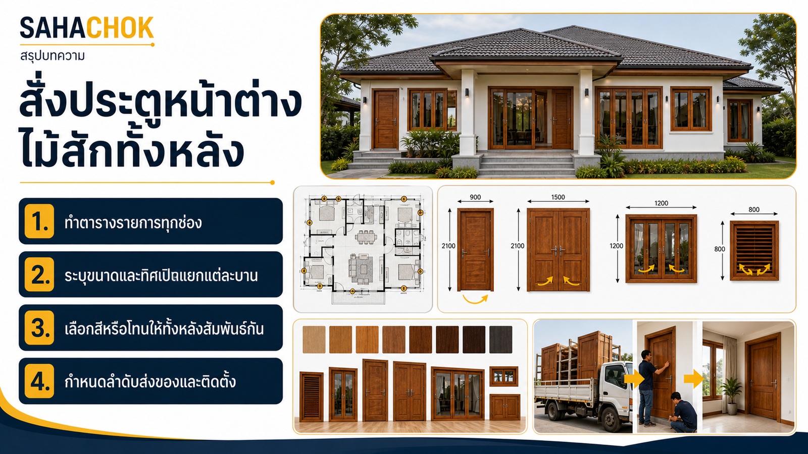 อินโฟกราฟิกสรุปบทความ สั่งประตูหน้าต่างไม้สักทั้งหลัง ควรถามอะไรให้ครบก่อนเริ่มผลิต