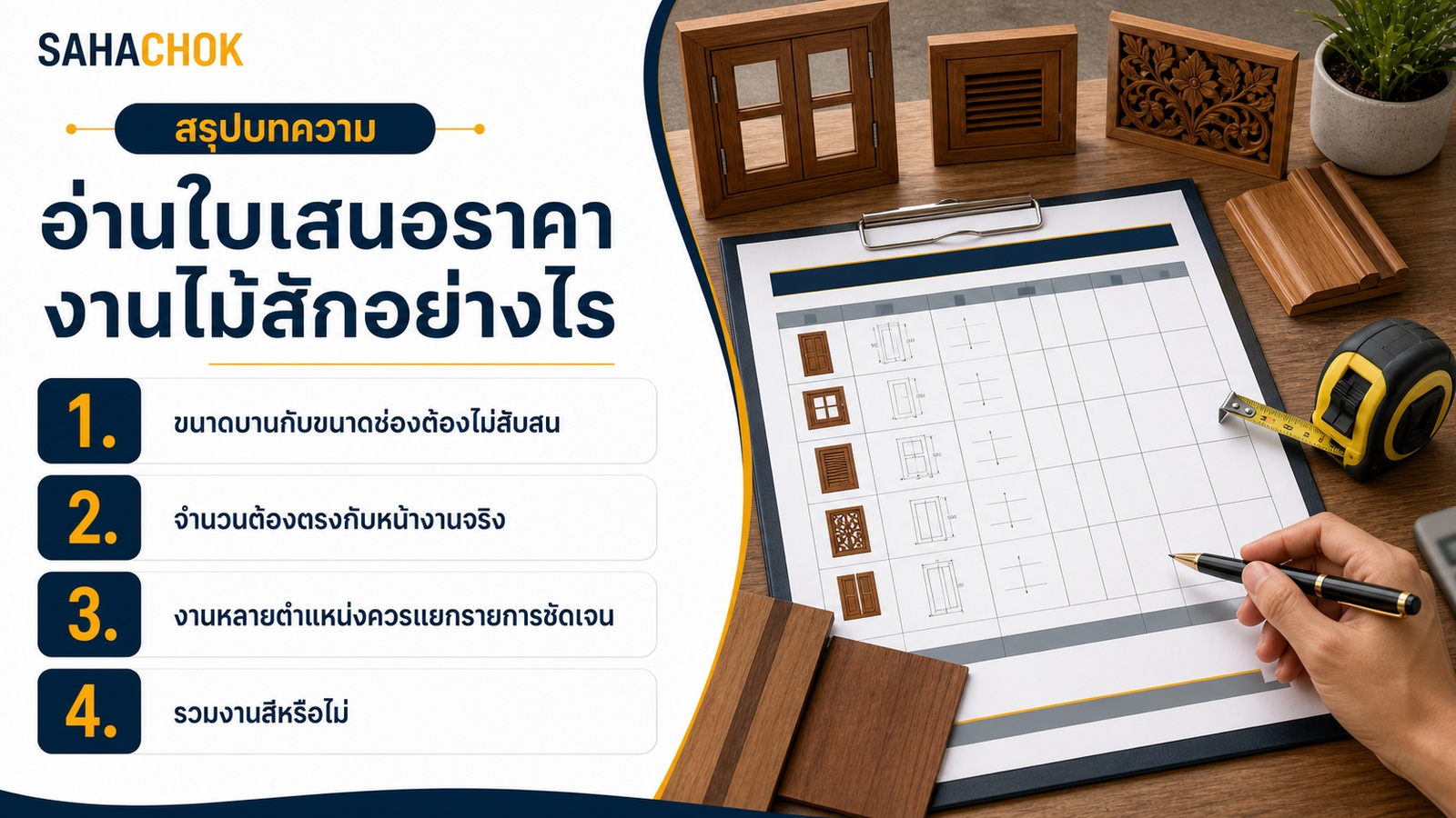 อินโฟกราฟิกสรุปบทความ อ่านใบเสนอราคางานไม้สักอย่างไร ไม่ให้พลาดรายละเอียดสำคัญ