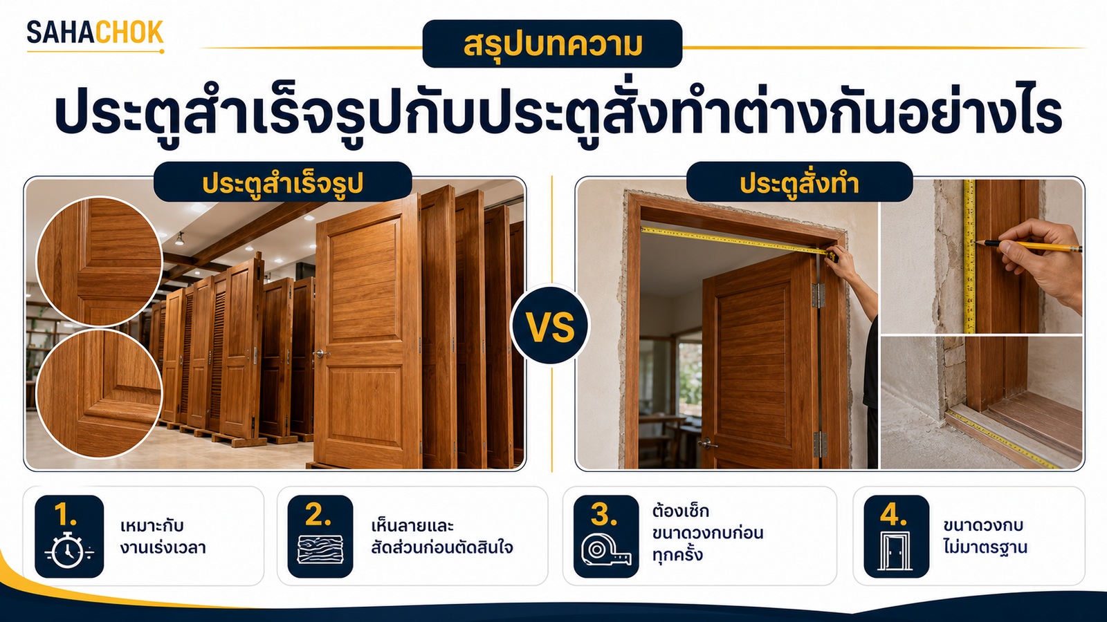 อินโฟกราฟิกสรุปบทความ ประตูสำเร็จรูปกับประตูสั่งทำต่างกันอย่างไร