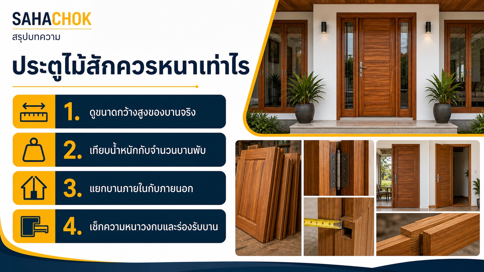 อินโฟกราฟิกสรุปบทความ ประตูไม้สักควรหนาเท่าไร เลือกอย่างไรไม่ให้หนักหรือบางเกินไป