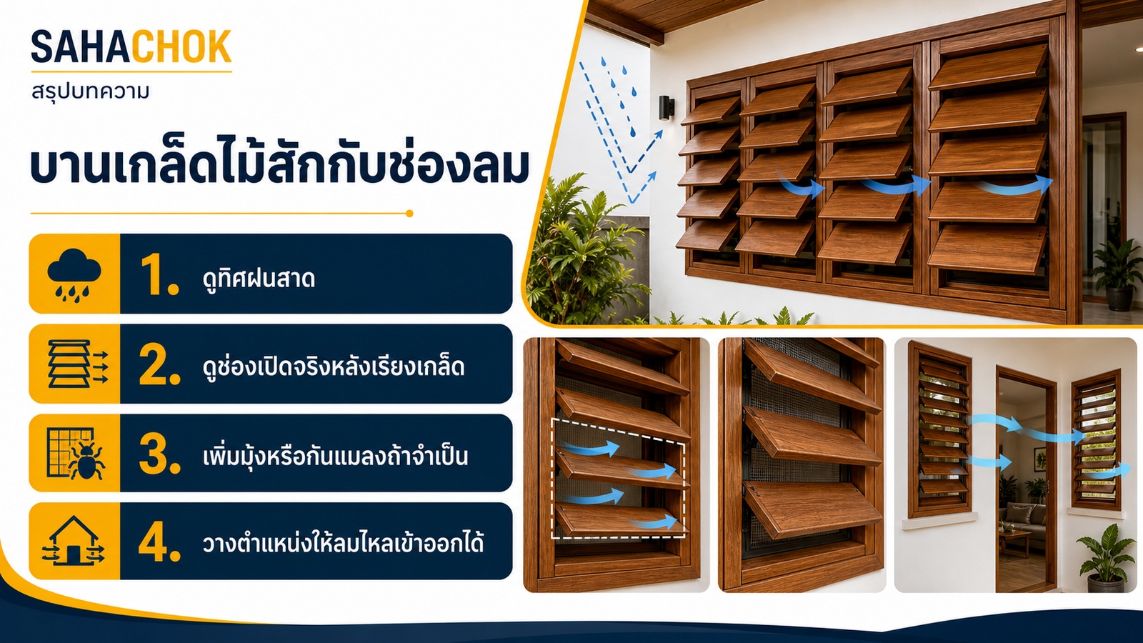 อินโฟกราฟิกสรุปบทความ บานเกล็ดไม้สักกับช่องลม เลือกแบบไหนให้บ้านโปร่งแต่ยังกันฝนได้