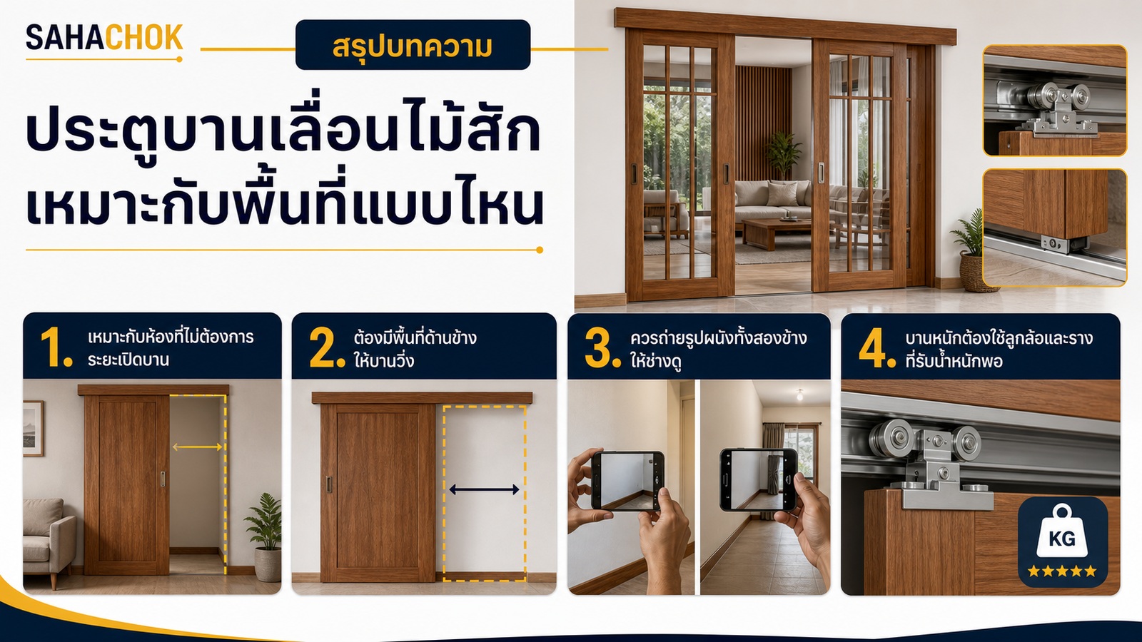 อินโฟกราฟิกสรุปบทความ ประตูบานเลื่อนไม้สักเหมาะกับพื้นที่แบบไหน